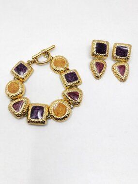Vintage Gold Tone Enamel Link Bracelet Earrings Set Purple Burgundy 7”